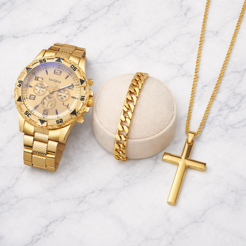 Luxury Gold Watch, Bracelet & Cross Necklace Set