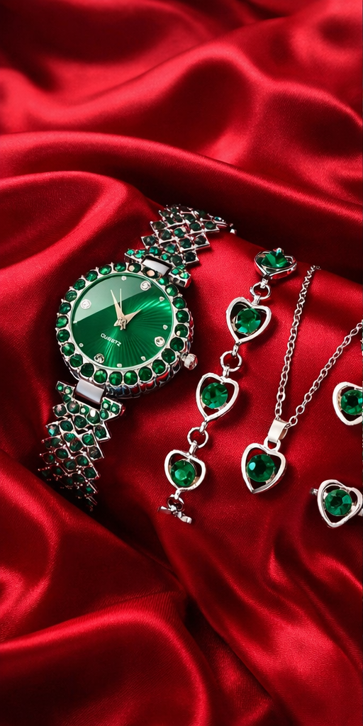 Luxury Emerald Green Heart Jewelry Set with Watch – Necklace, Bracelet, Earrings & Ring