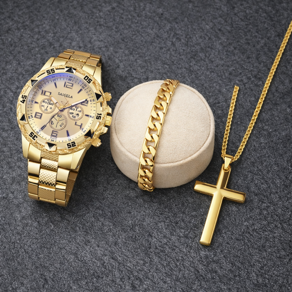 Luxury Gold Watch, Bracelet & Cross Necklace Set