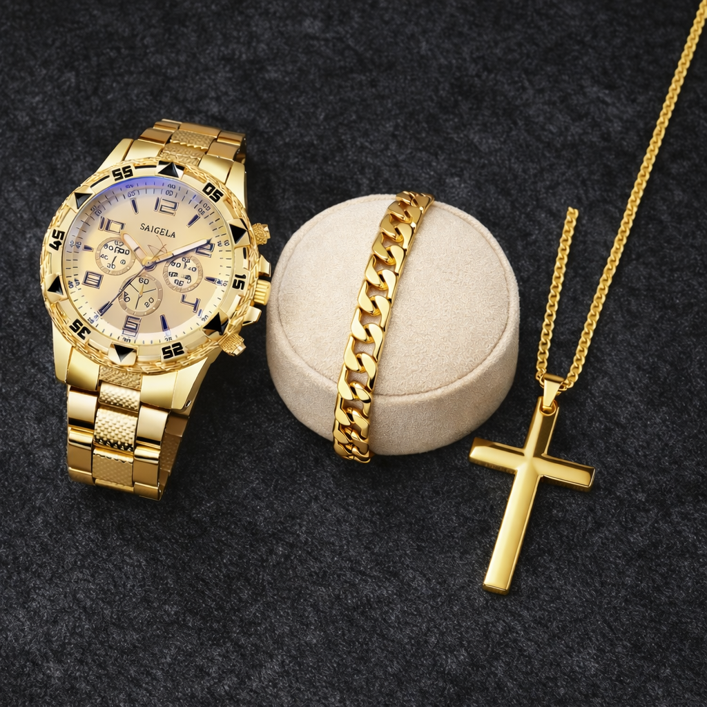 Luxury Gold Watch, Bracelet & Cross Necklace Set