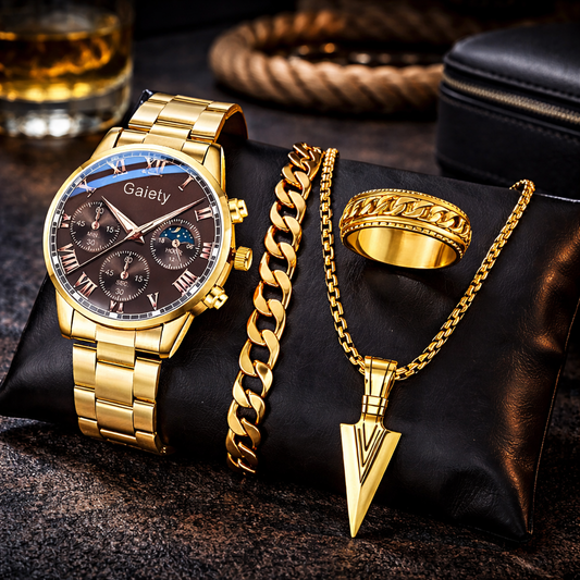 Luxury Gold Watch & Jewelry Set – 4-Piece Men’s Gift Collection