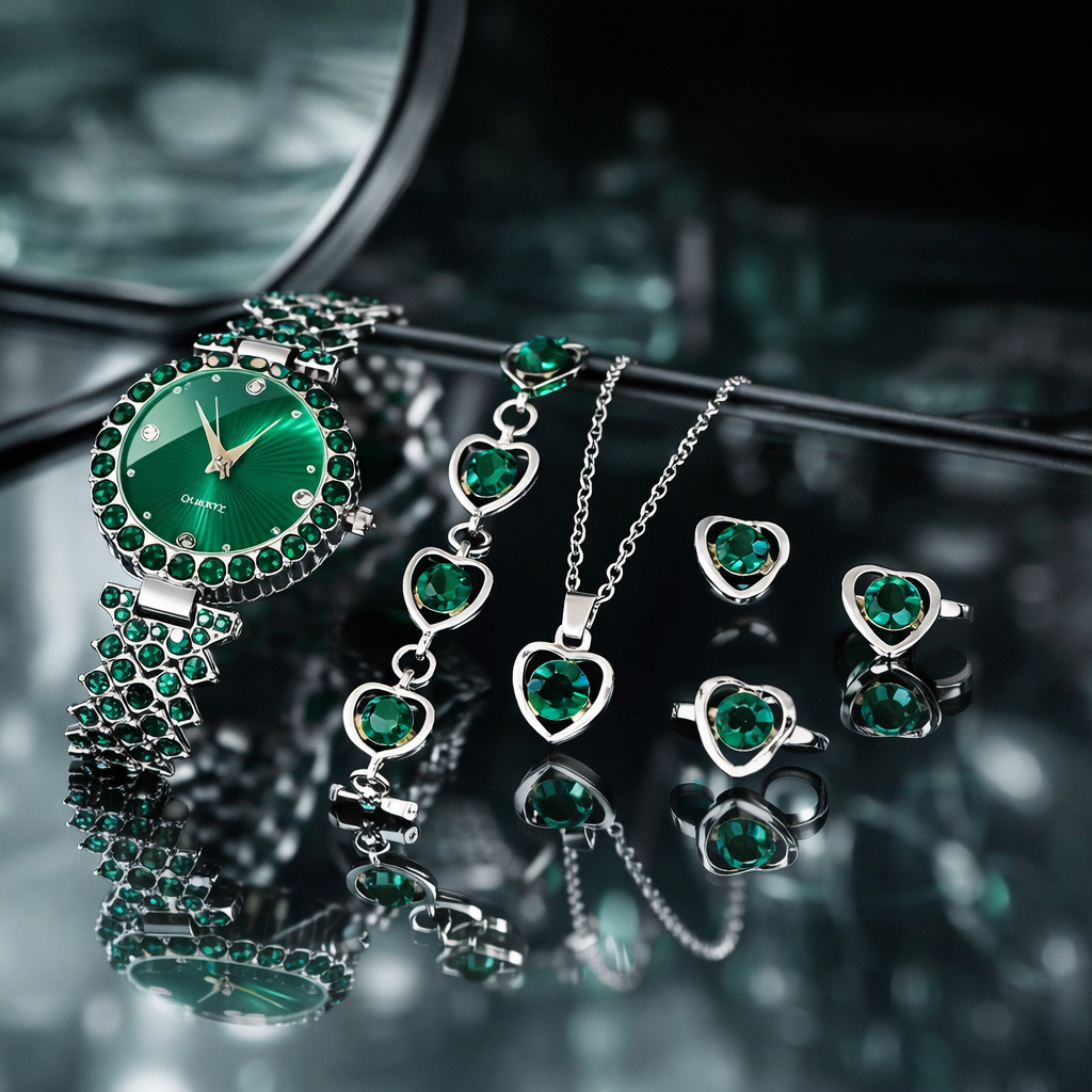 Luxury Emerald Green Heart Jewelry Set with Watch – Necklace, Bracelet, Earrings & Ring