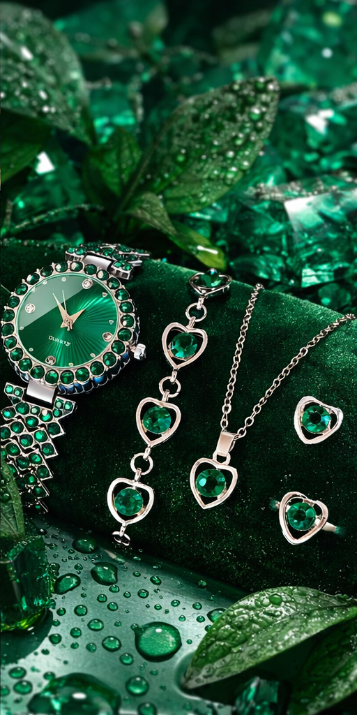 Luxury Emerald Green Heart Jewelry Set with Watch – Necklace, Bracelet, Earrings & Ring