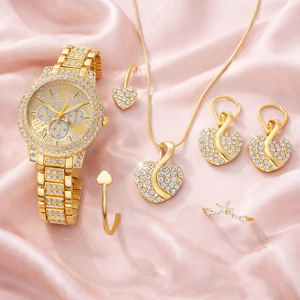 Luxury Crystal Gold Watch & Heart Jewelry Set – Elegant 5 Piece Gift Set