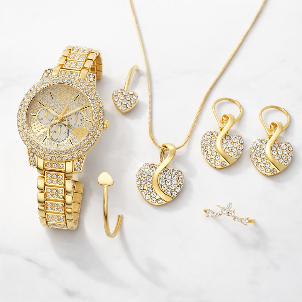 Luxury Crystal Gold Watch & Heart Jewelry Set – Elegant 5 Piece Gift Set