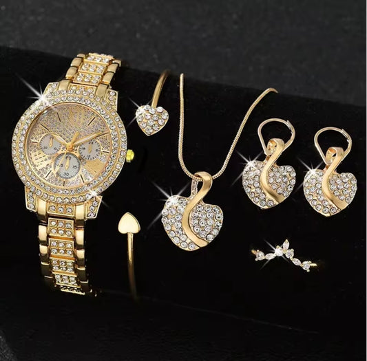 Luxury Crystal Gold Watch & Heart Jewelry Set – Elegant 5 Piece Gift Set